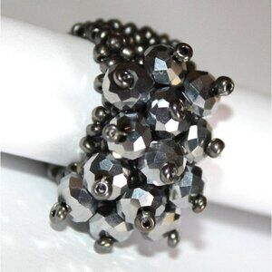 Silver Hematite Faceted Crystal Seed Bead One Size Stretch Ring 7-10